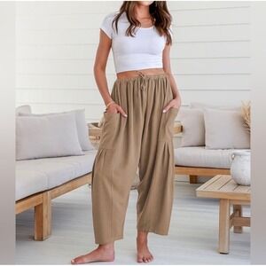 TARSE Womens Linen Blend Harem Cargo Pants Khaki Brown Elastic Waist Boho Large